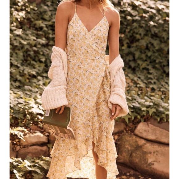 Abercrombie & Fitch Floral Midi Dress Large Yellow Ruffle Feminine Garden Party - Picture 1 of 10